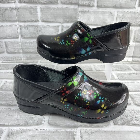 Dansko Women's Size 41 Black Patent Leather Floral Colorful Professional Clog - Picture 1 of 12